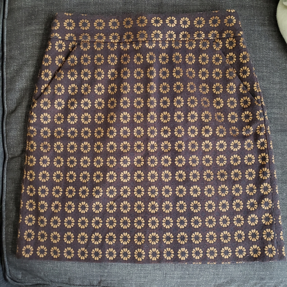 LOFT jacquard mini shift skirt - navy, maroon, metallic bronze floral pattern